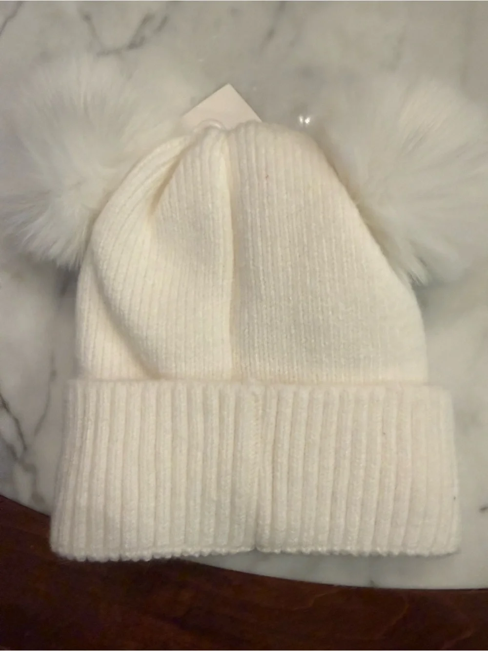 Labubu Kids Pom-Pom Beanie Hat - White with Brown Embroidery